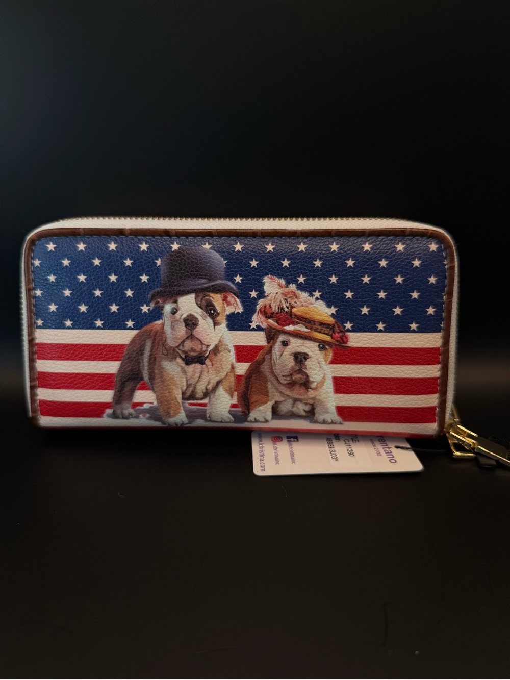 Cute Bulldog Americana Zip-Around Wallet - Navy Red White